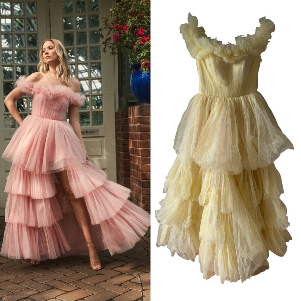 Mac Duggal 20570 Lemon Off-the-Shoulder High-Low Tulle Gown